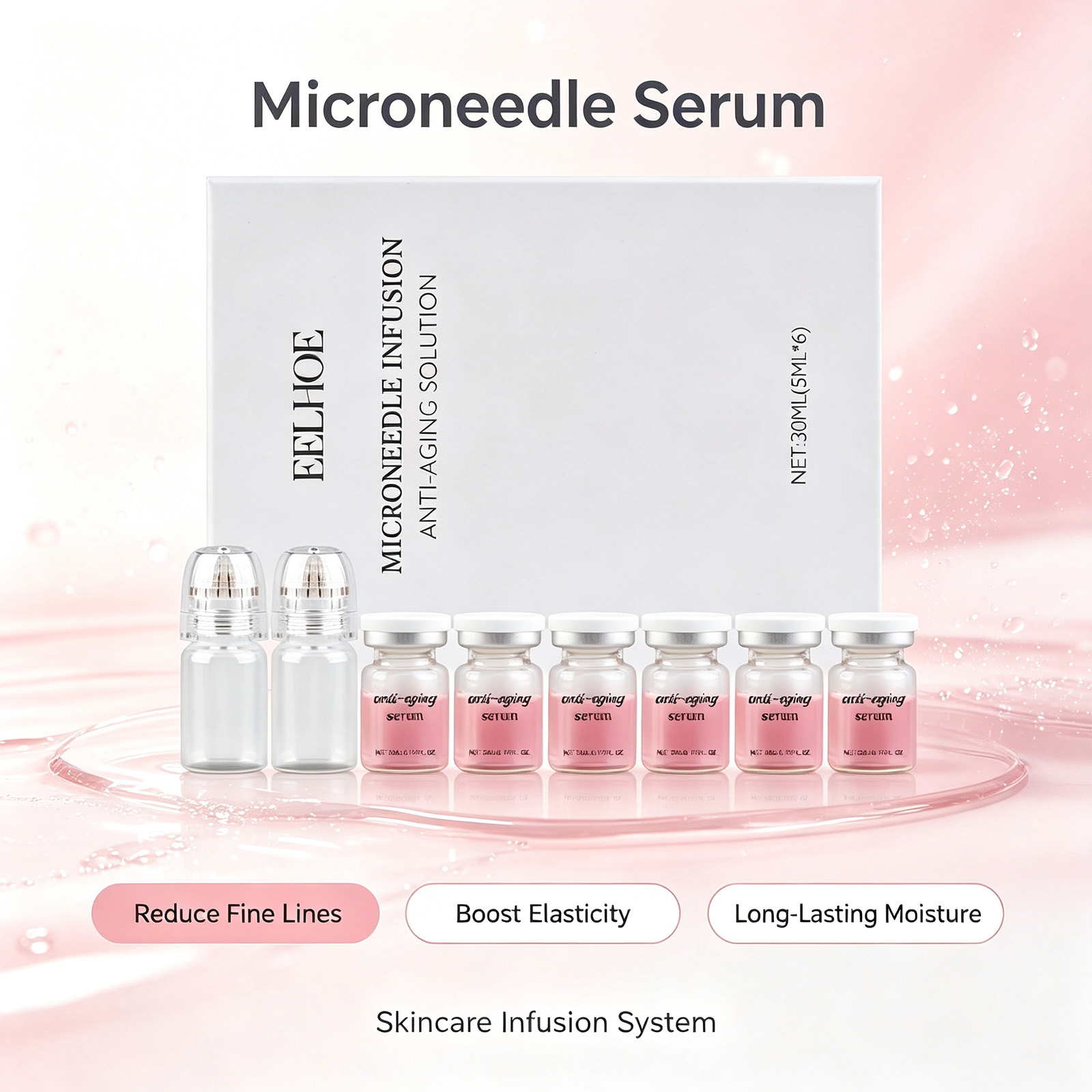 Hyaluronic Acid Facial Serum - 0.2mmマイクロニードル美容液キット 6本セット コラーゲン・ヒアルロン酸配合 お肌を引き締め、なめらかにし、小じわを目立たなくする フェイシャルローラー 自宅でできる美容ケアセット